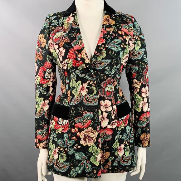10 Saskia Black Multi Color Floral Jacquard Velvet Trim Jacket Blazer - Picture 1 of 12